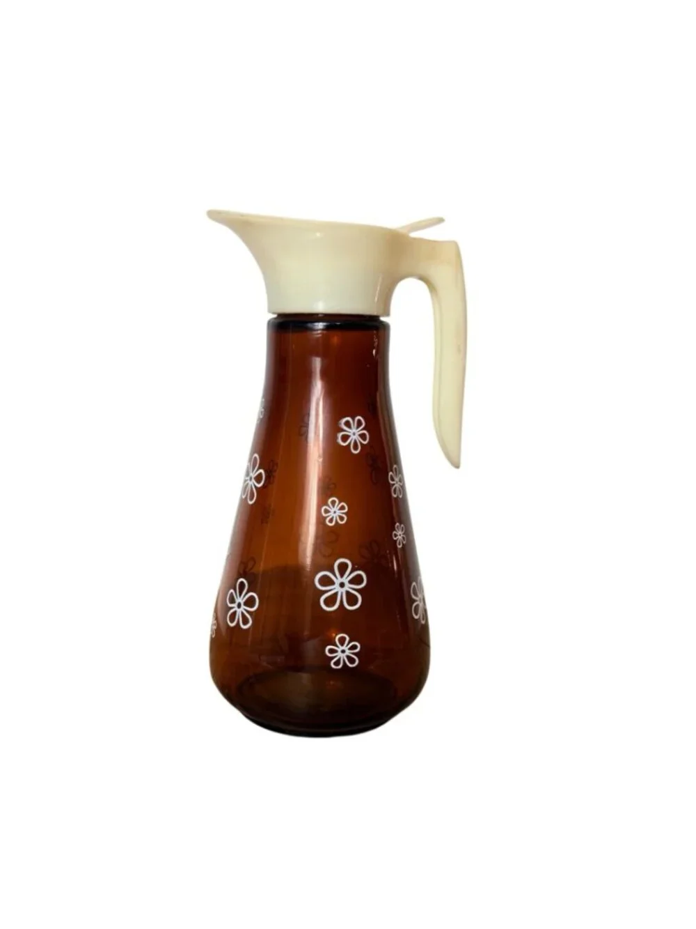 Thatcher Syrup Dispenser Amber Glass Daisy 16 Oz VTG 60s MCM Pitcher Retro Decor